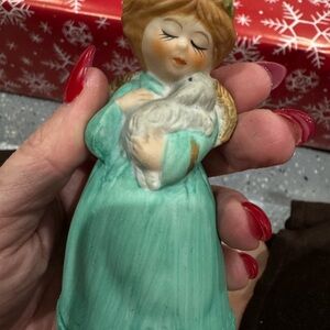 Ceramic Angel Figurine with Lamb - Green